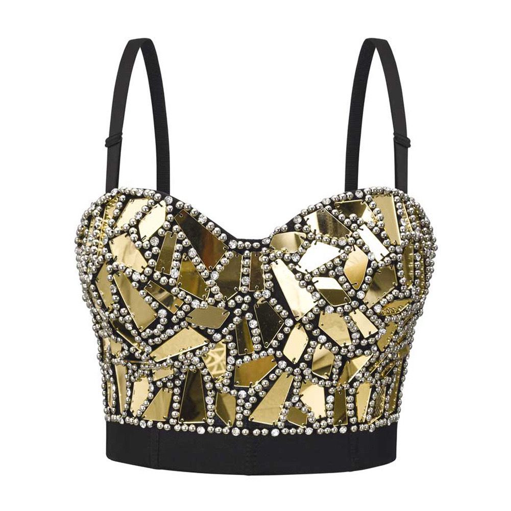 A gold and black party top with geometric patterns and embellishments