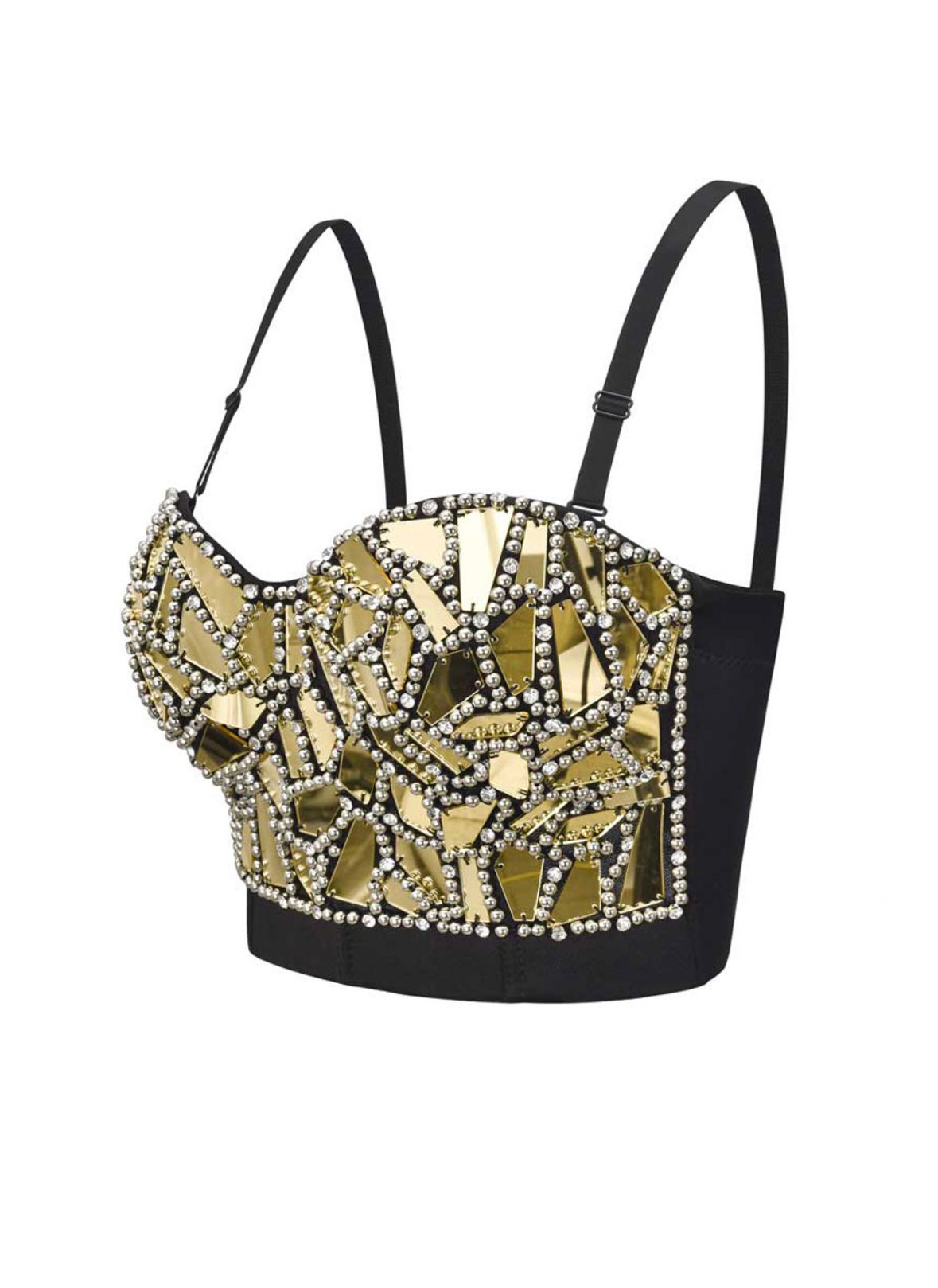 Black and gold beaded top on a white background