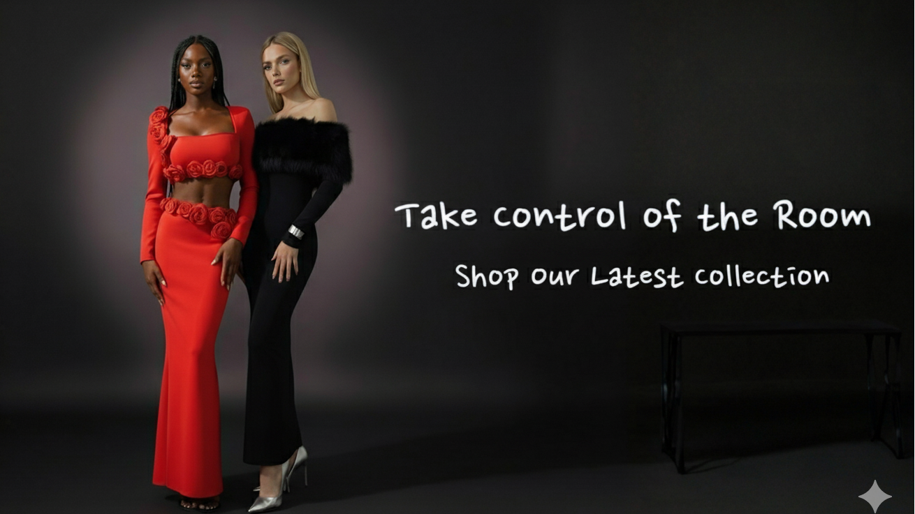 Two women in red and black evening gowns with text promoting a fashion collection.