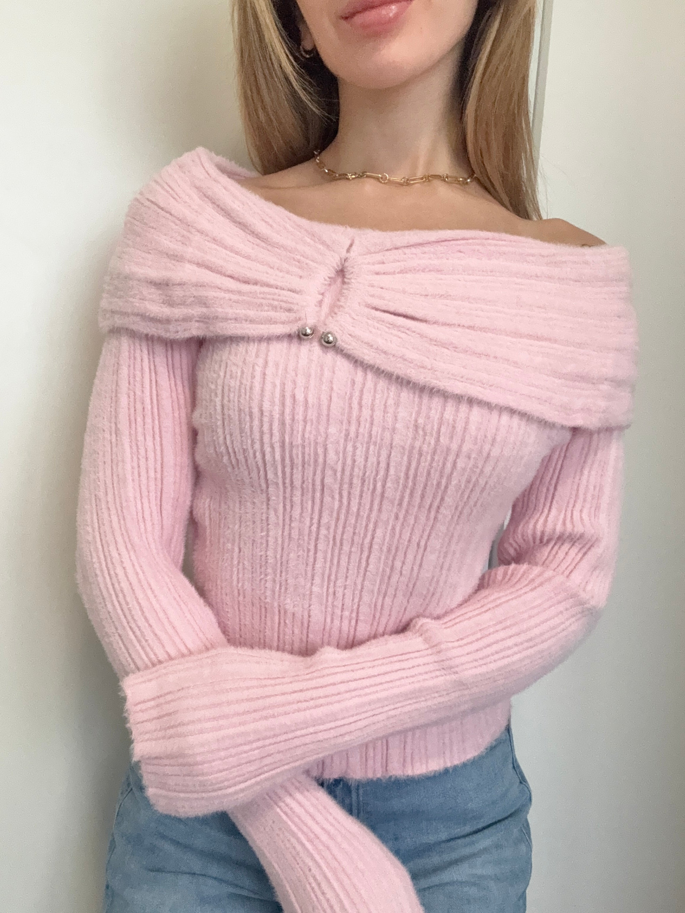 Off shoulder - Pink - Sweater - Belliona