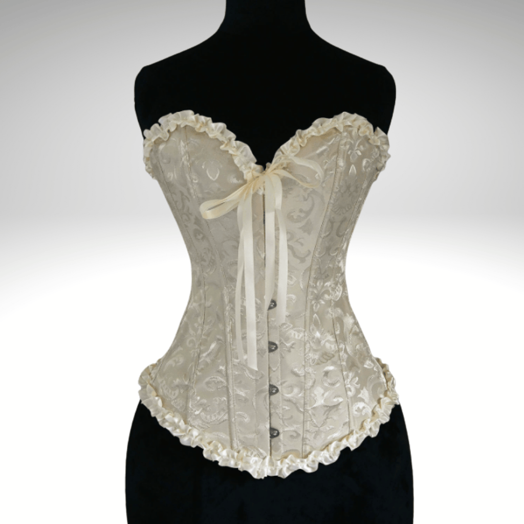 White lace corset on a black mannequin against a white background