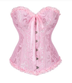 Pink lace corset on a white background