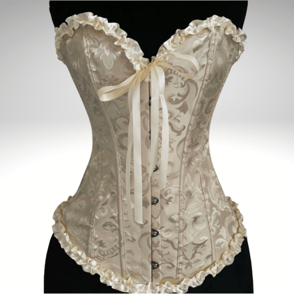 Vintage-style corset with lace details on a plain background