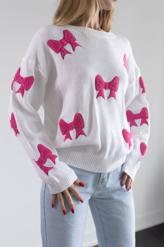 White Sweater with Pink Bow Print – Cute Knit Pullover